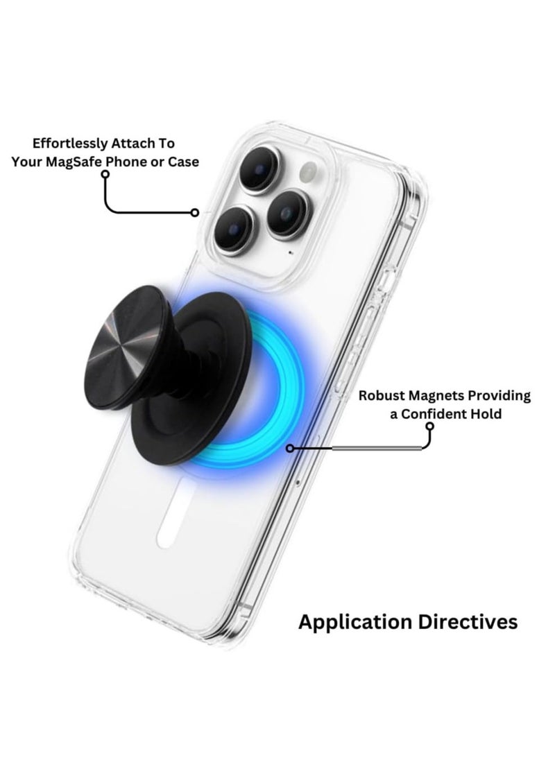 Generic - Magnetic Phone Grip Holder For MagSafe With Aluminum Alloy Round-Shaped Base And Metallic CD Grain PopTop Sockets Included Adapter Metal Ring (Round Black) - Image 1