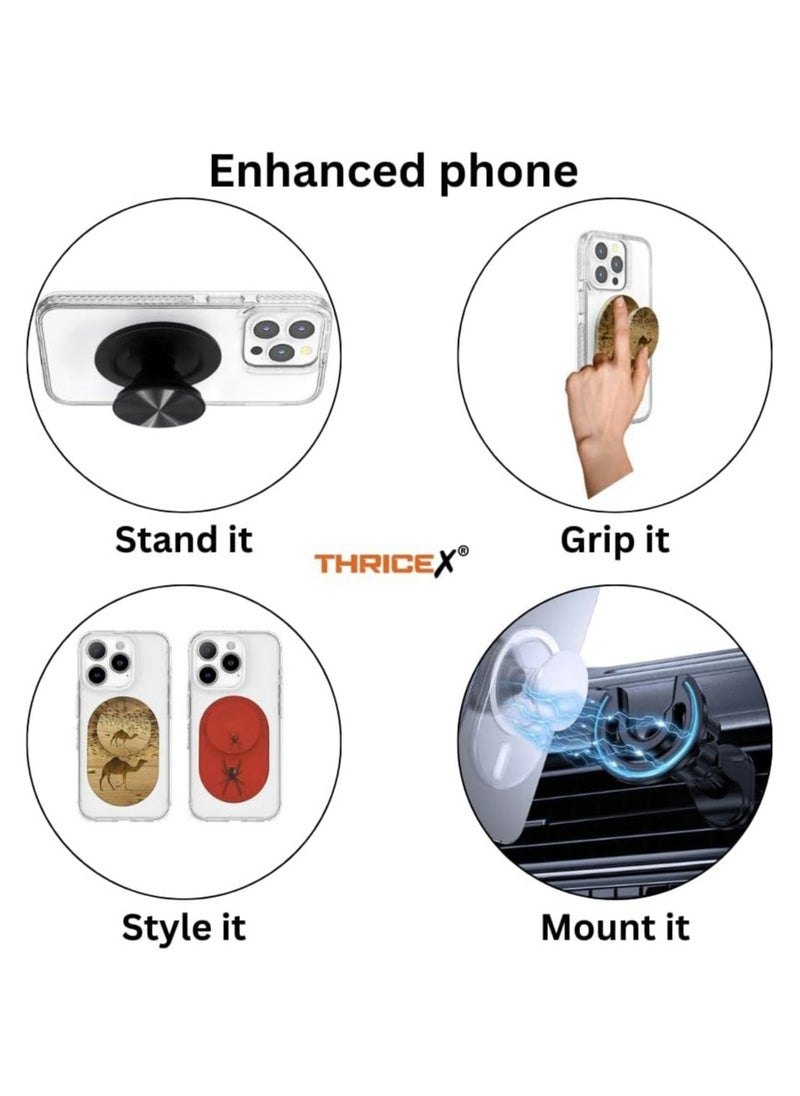 Generic - Magnetic Phone Grip Holder For MagSafe With Aluminum Alloy Round-Shaped Base And Metallic CD Grain PopTop Sockets Included Adapter Metal Ring (Round Black) - Image 1