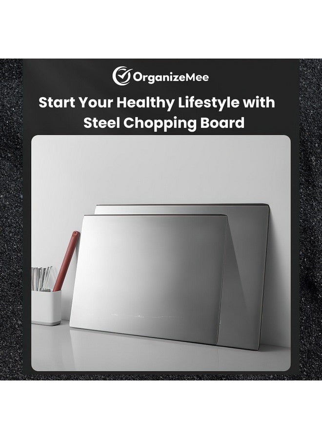 OrganizeMee لوح تقطيع من الفولاذ المقاوم للصدأ OrganizeMee للمطبخ كبير | لوح تقطيع مقاوم للصدأ للفواكه والخضروات | حجم اللوح 40 سم × 31 سم مع حافة 2 سم - Image 3