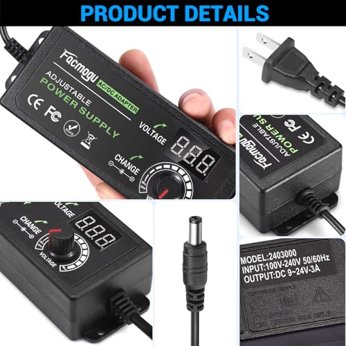 Facmogu 9V-24V 3A 72W Adjustable Power Adapter with LED Display, Multi-Voltage 100V-240V AC to DC 9V 12V 15V 16V 18V 19V 20V Universal AC/DC Variable Power Supply, Various Voltage AC to DC Converter - Image 2