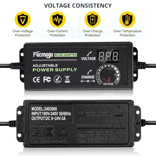 Facmogu 9V-24V 3A 72W Adjustable Power Adapter with LED Display, Multi-Voltage 100V-240V AC to DC 9V 12V 15V 16V 18V 19V 20V Universal AC/DC Variable Power Supply, Various Voltage AC to DC Converter - Image 5