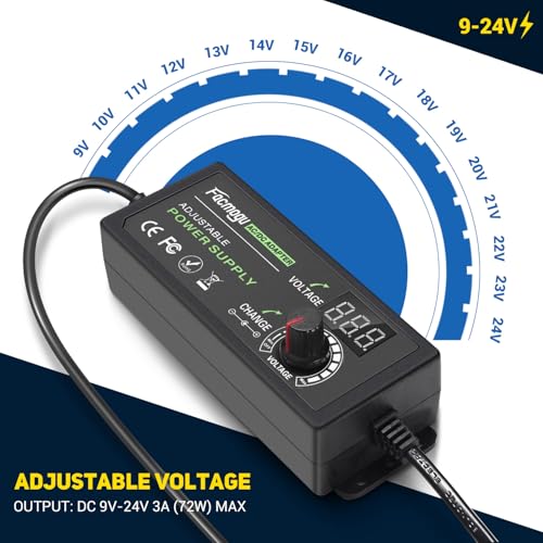 Facmogu 9V-24V 3A 72W Adjustable Power Adapter with LED Display, Multi-Voltage 100V-240V AC to DC 9V 12V 15V 16V 18V 19V 20V Universal AC/DC Variable Power Supply, Various Voltage AC to DC Converter - Image 4