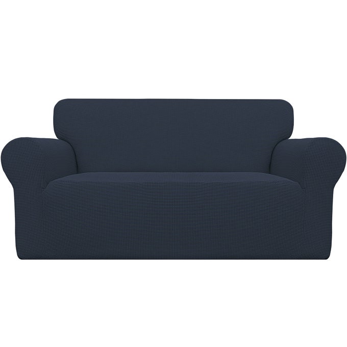 EASYGOING STRETCH LOVESEAT SLIPCOVER 1PIECE SOFA COVER FURNITURE PROTECTOR COUCH SOFT WITH ELASTIC BOTTOM FOR KIDS POLYESTER SPANDEX JACQUARD FABRIC SMALL CHECKS LOVESEAT DARK BLUE