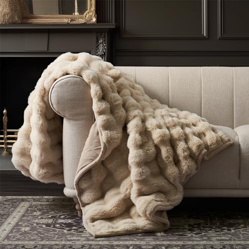 EverGrace Ultra Soft Luxury Fluffy Faux Rabbit Fur Throw Blanket, Thick Warm Bubble Throw for Bed, Cozy Plush Reversible Blankets for Couch, Chair, Sofa, Cream, 50x60 Inches - Image 1