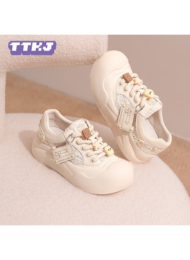Ttkj Tttj Thick-soled White Sneakers For Women, Trendy Versatile Floral Pattern Color-block Chunky Shoes, Fashionable Magnetic Tape Heightening Casual Skateboard Shoes - Image 5