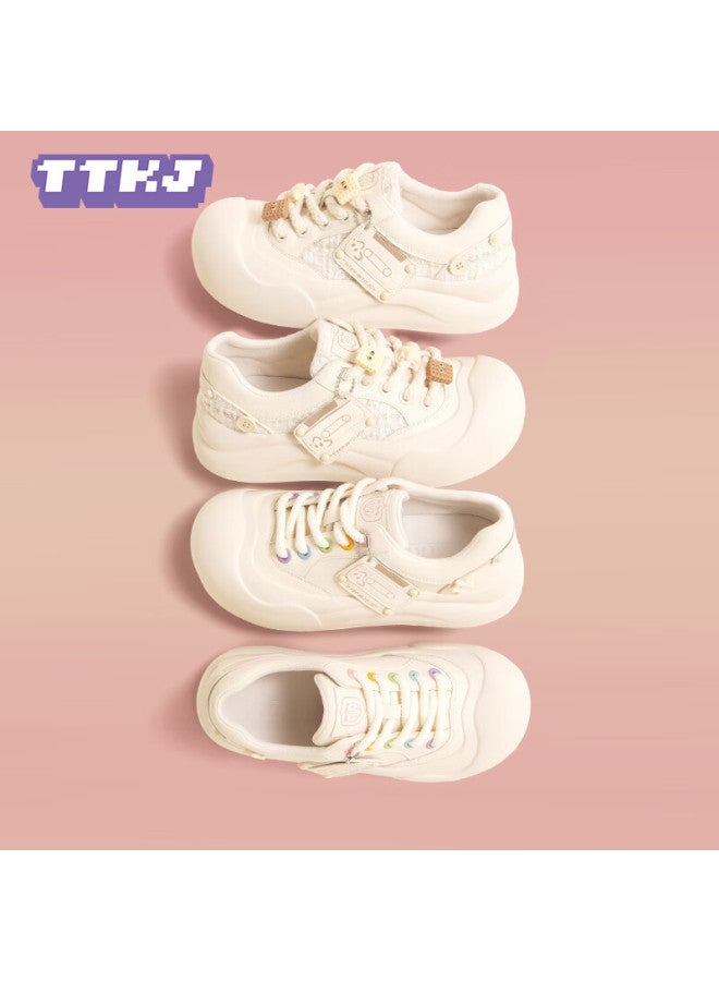 Ttkj Tttj Thick-soled White Sneakers For Women, Trendy Versatile Floral Pattern Color-block Chunky Shoes, Fashionable Magnetic Tape Heightening Casual Skateboard Shoes - Image 4