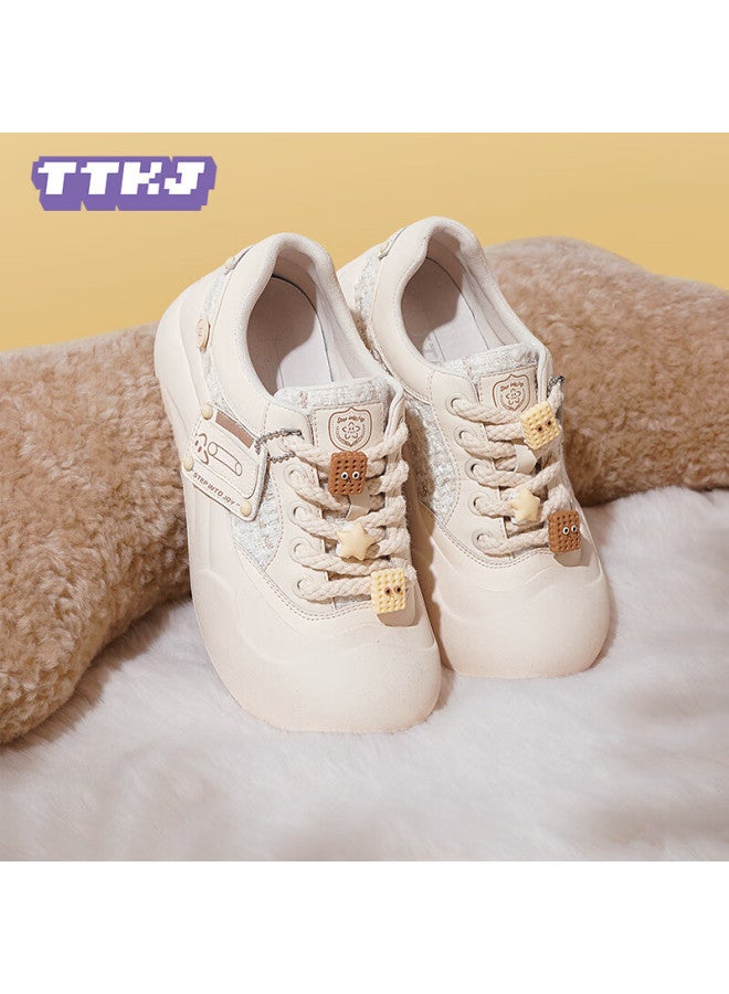 Ttkj Tttj Thick-soled White Sneakers For Women, Trendy Versatile Floral Pattern Color-block Chunky Shoes, Fashionable Magnetic Tape Heightening Casual Skateboard Shoes - Image 3