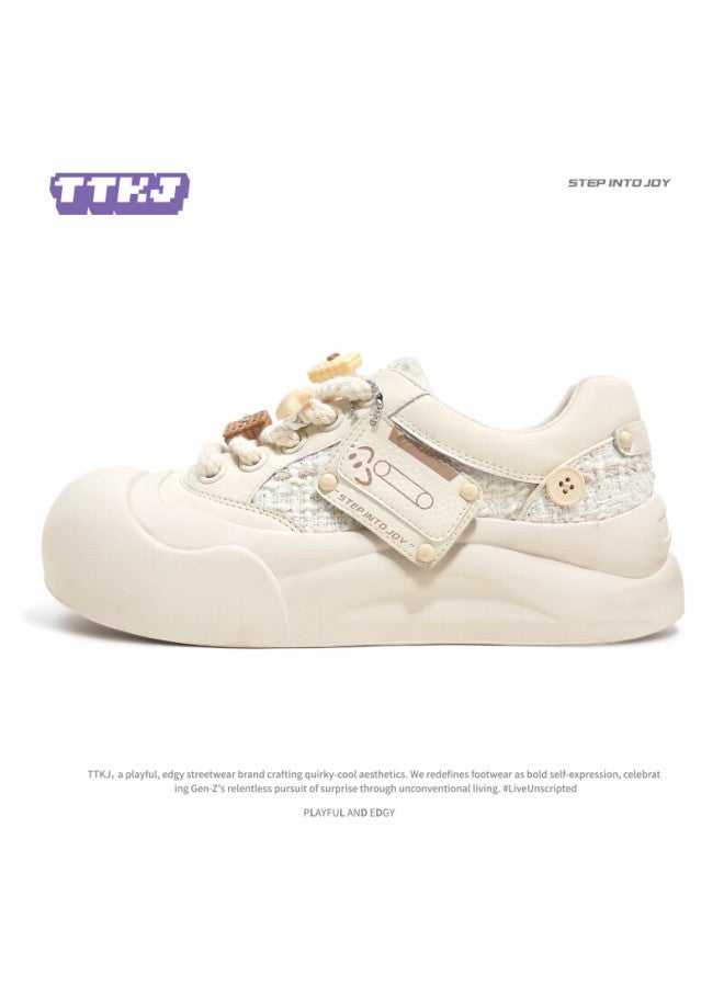 Ttkj Tttj Thick-soled White Sneakers For Women, Trendy Versatile Floral Pattern Color-block Chunky Shoes, Fashionable Magnetic Tape Heightening Casual Skateboard Shoes - Image 1