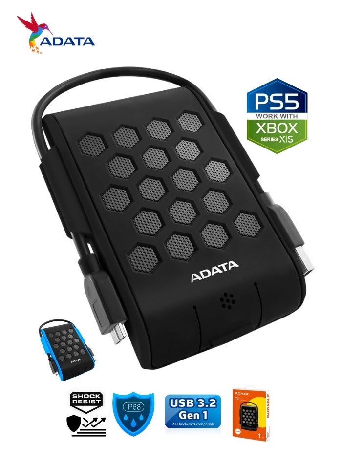 ADATA HD720 Pro DURABLE 1TB External HDD | Fast Data IP68 Anti-Shock Hard Drive | Compatible with PS5 XBOX | Shockproof Waterproof| Black