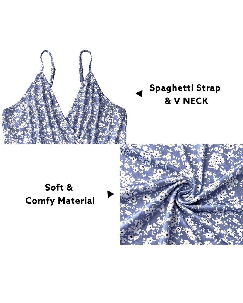 Newshows Women's Spring 2025 Dresses V Neck Spaghetti Strap Backless Casual Honeymoon Flowy Boho Vestidos Long Maxi Sun Dress (Blue Floral White, Medium) - Image 5