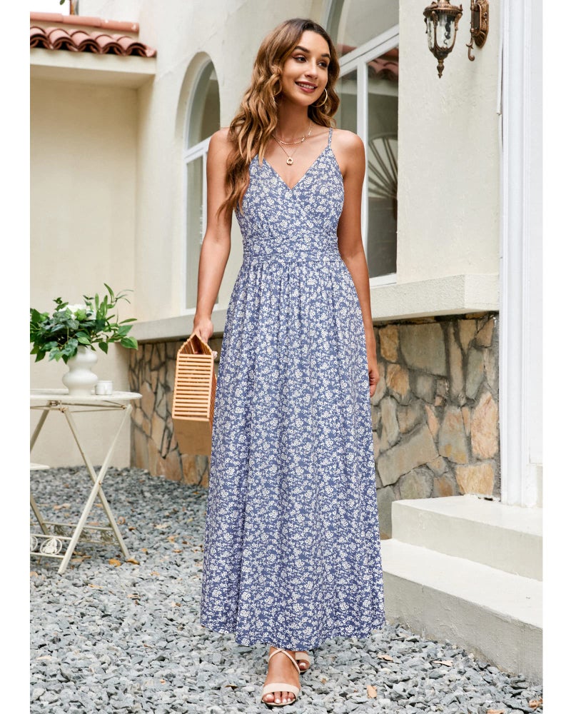 Newshows Women's Spring 2025 Dresses V Neck Spaghetti Strap Backless Casual Honeymoon Flowy Boho Vestidos Long Maxi Sun Dress (Blue Floral White, Medium) - Image 2