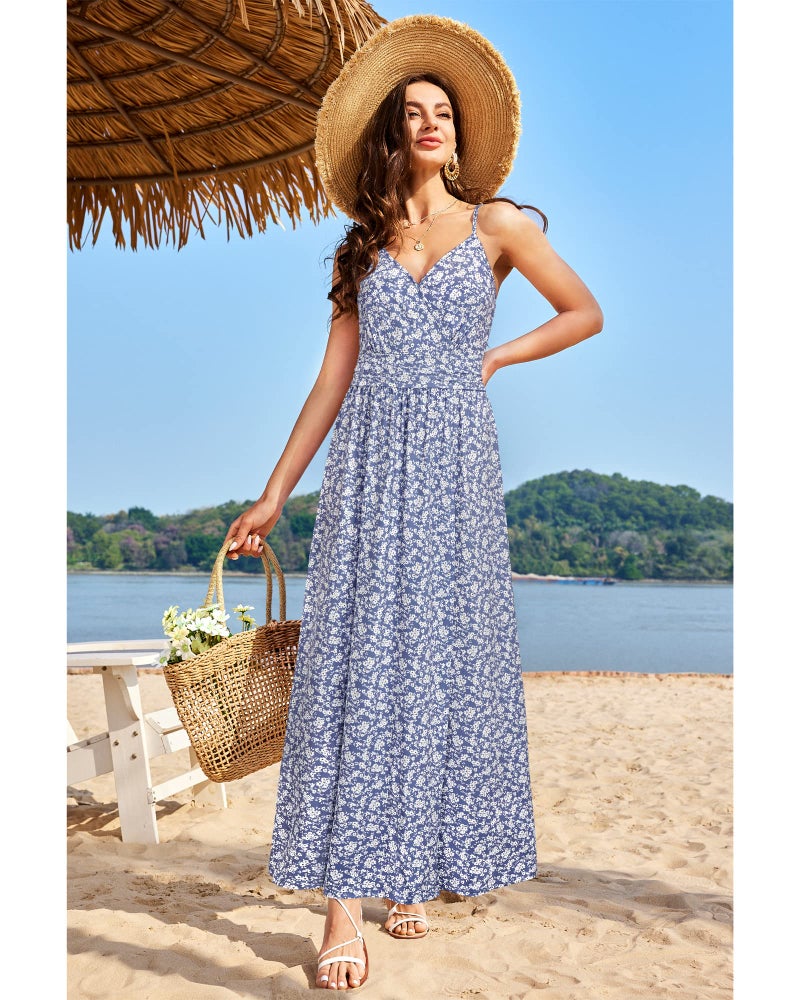 Newshows Women's Spring 2025 Dresses V Neck Spaghetti Strap Backless Casual Honeymoon Flowy Boho Vestidos Long Maxi Sun Dress (Blue Floral White, Medium) - Image 4