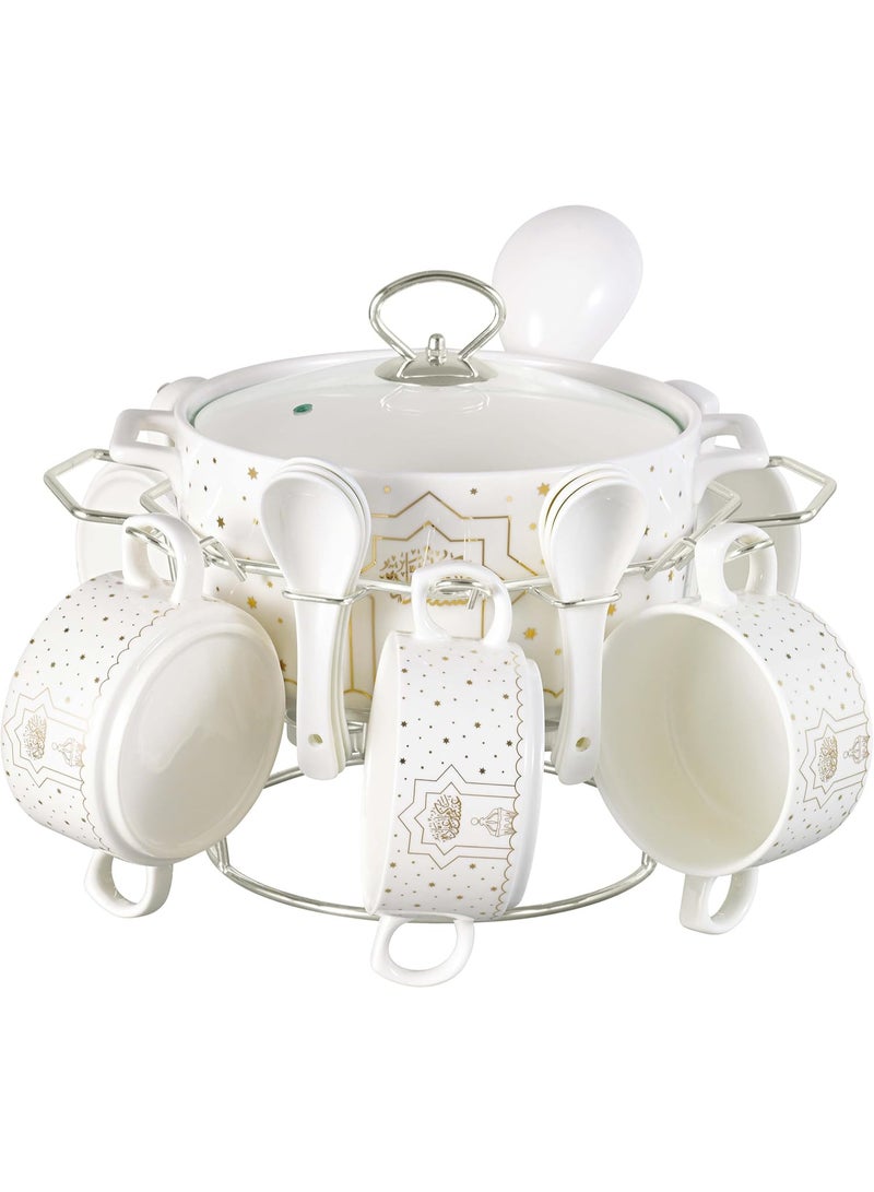 أوركيد طقم شوربة من البورسلين بتصميم زهرة الأوركيد، مكون من 16 قطعة، يشمل وعاء تقديم، وأطباق شوربة، وملاعق، وحامل معدني لتسخين الشموع، طقم أواني شوربة سيراميكية، طقم تقديم شوربة، طقم أدوات مائدة - Image 1