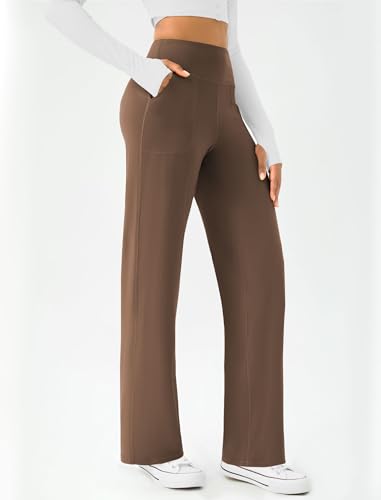 DLOODA Womens Wide Leg Yoga Pants Casual Work Dress Pants Lounge Sweatpants High Waist Comfy Loose Trousers with Pockets Brown - Image 3