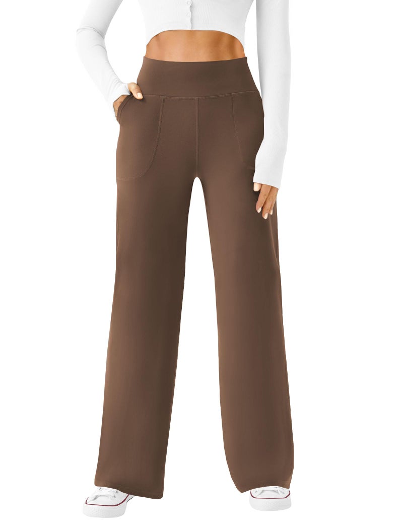 DLOODA Womens Wide Leg Yoga Pants Casual Work Dress Pants Lounge Sweatpants High Waist Comfy Loose Trousers with Pockets Brown - Image 2
