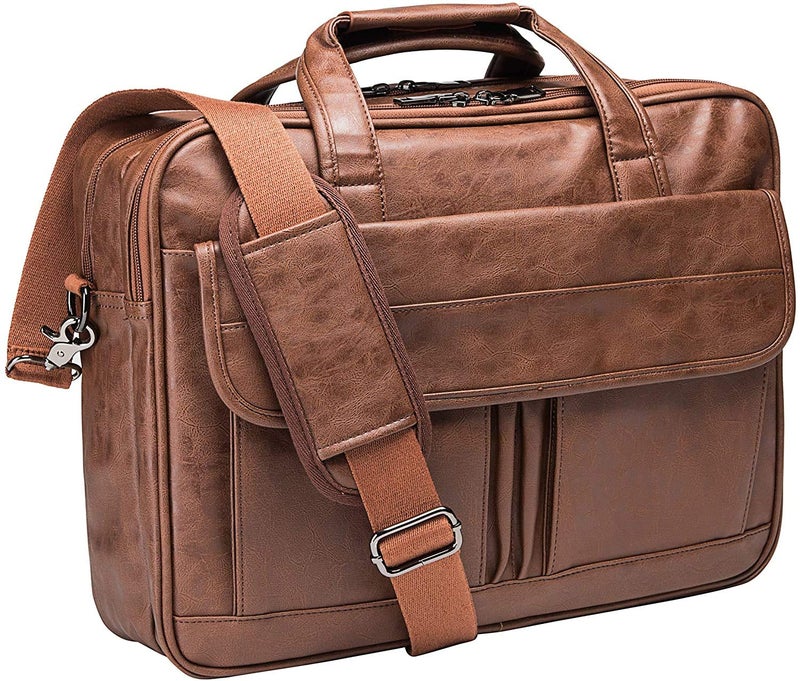 seyfocnia seyfocnia Mens Laptop Bag,17.3 Inch PU Leather Messenger Bag Water Resistant Business Travel Briefcase, Work Computer Bag Satchel Bag Husband（Brown）  - Image 1