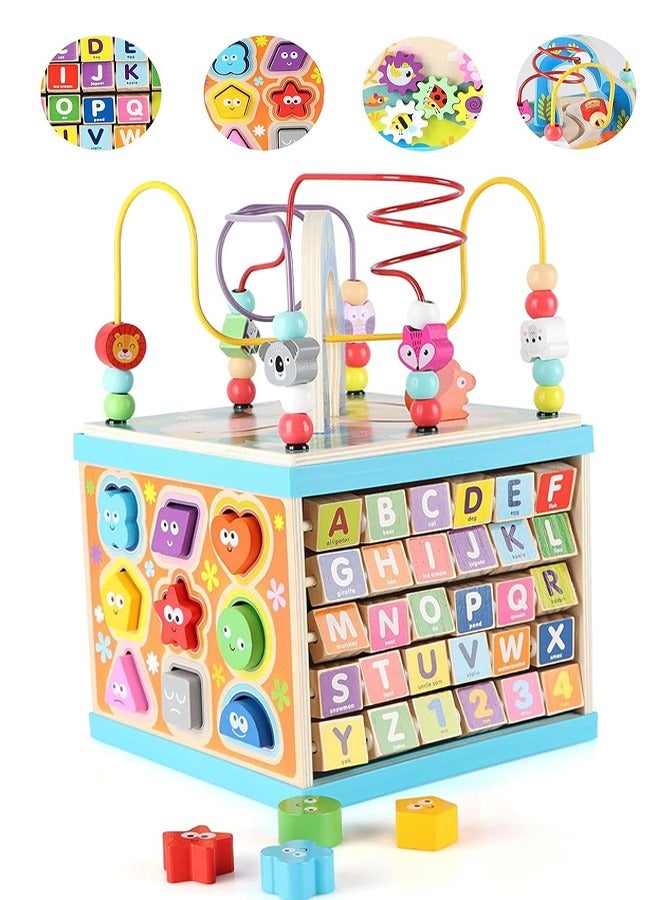 0TO1 TECH 0TO1 Wooden Activity Cube, 5-In-1 Montessori Educational Toy, Multi-Purpose Abacus, Wooden Learning Toy (1-3 Years) - Image 1