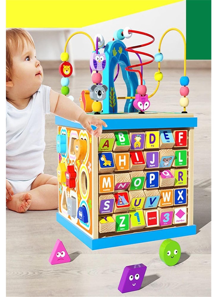 5-in-1 Wooden Montessori Activity Cube | Bead Maze, Abacus, Shape Sorter & Clock | Safe & Educational - Image 5