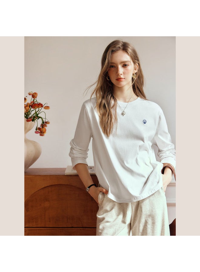 Olrain Oulain Pure Cotton Long-sleeve T-shirt For Women, Autumn French Embroidery Casual Round Neck Top, Letter Embroidery, XL - Image 2