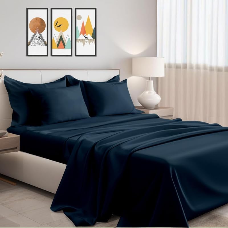 Cottington Lane Premium 100% Cotton Flat Bedsheets with 2 Pillow Covers |186 TC Super Soft - Navy_King - 102x108 in - Image 2