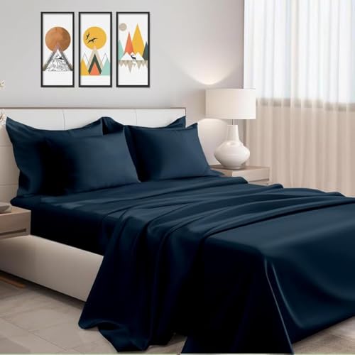 Cottington Lane Premium 100% Cotton Flat Bedsheets with 2 Pillow Covers |186 TC Super Soft - Navy_King - 102x108 in - Image 1