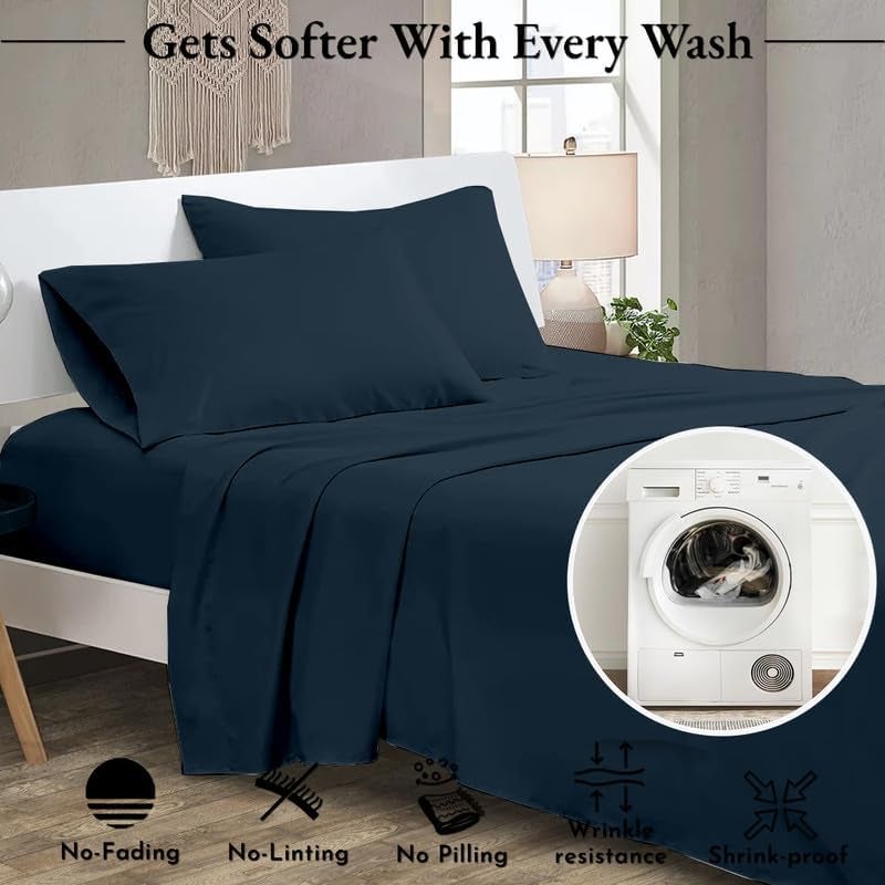 Cottington Lane Premium 100% Cotton Flat Bedsheets with 2 Pillow Covers |186 TC Super Soft - Navy_King - 102x108 in - Image 5