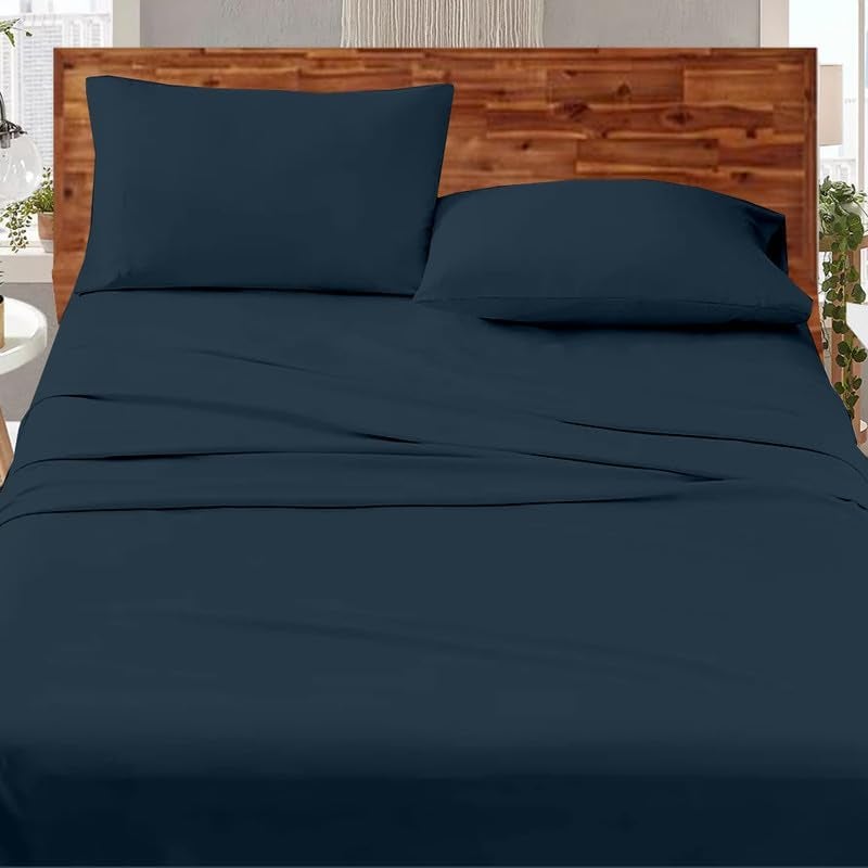 Cottington Lane Premium 100% Cotton Flat Bedsheets with 2 Pillow Covers |186 TC Super Soft - Navy_King - 102x108 in - Image 4