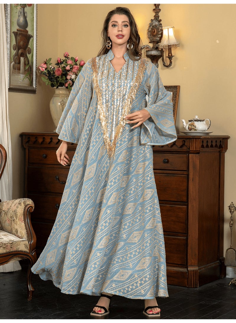 Women's Embroidered Abaya Jalabiya Dress, Lightweight Net Fabric, Golden Sequins & Fringe V-Neck - Image 1
