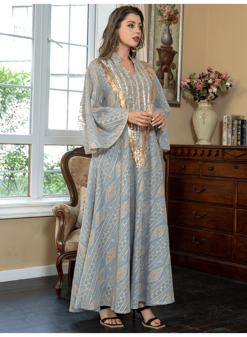 Women's Embroidered Abaya Jalabiya Dress, Lightweight Net Fabric, Golden Sequins & Fringe V-Neck - Image 2