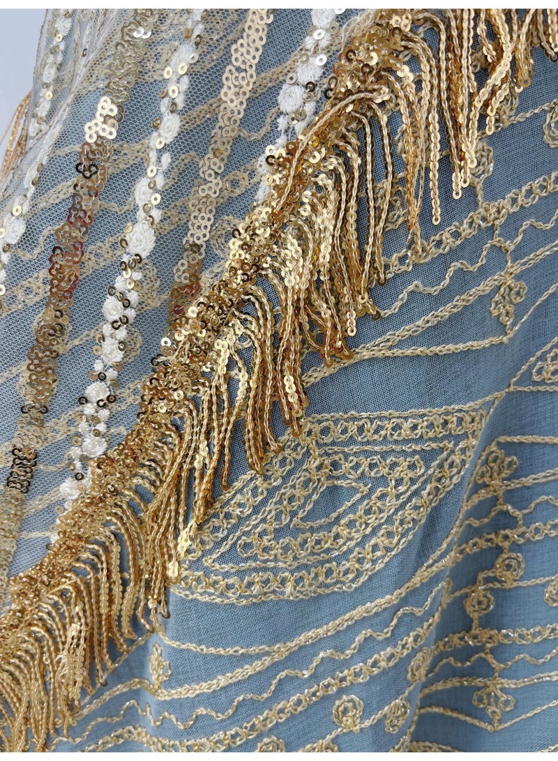 Women's Embroidered Abaya Jalabiya Dress, Lightweight Net Fabric, Golden Sequins & Fringe V-Neck - Image 3