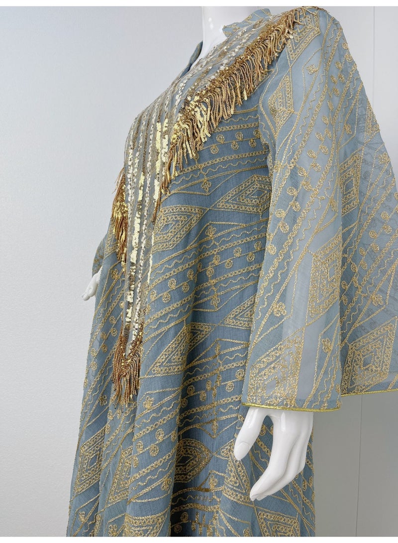 Women's Embroidered Abaya Jalabiya Dress, Lightweight Net Fabric, Golden Sequins & Fringe V-Neck - Image 4