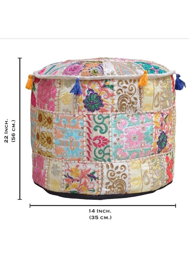Aakriti Gallery Indian Pouf Footstool Ethnic Embroidered Pouf Cover, Indian Cotton Round Pouffe Ottoman Pouf Cover Pillow Ethnic Decor Art - Cover Only (Beige, 22X14) - Image 3