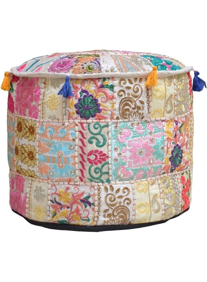 Aakriti Gallery Indian Pouf Footstool Ethnic Embroidered Pouf Cover, Indian Cotton Round Pouffe Ottoman Pouf Cover Pillow Ethnic Decor Art - Cover Only (Beige, 22X14) - Image 1