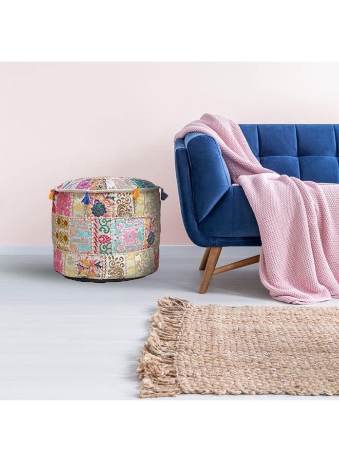 Aakriti Gallery Indian Pouf Footstool Ethnic Embroidered Pouf Cover, Indian Cotton Round Pouffe Ottoman Pouf Cover Pillow Ethnic Decor Art - Cover Only (Beige, 22X14) - Image 2