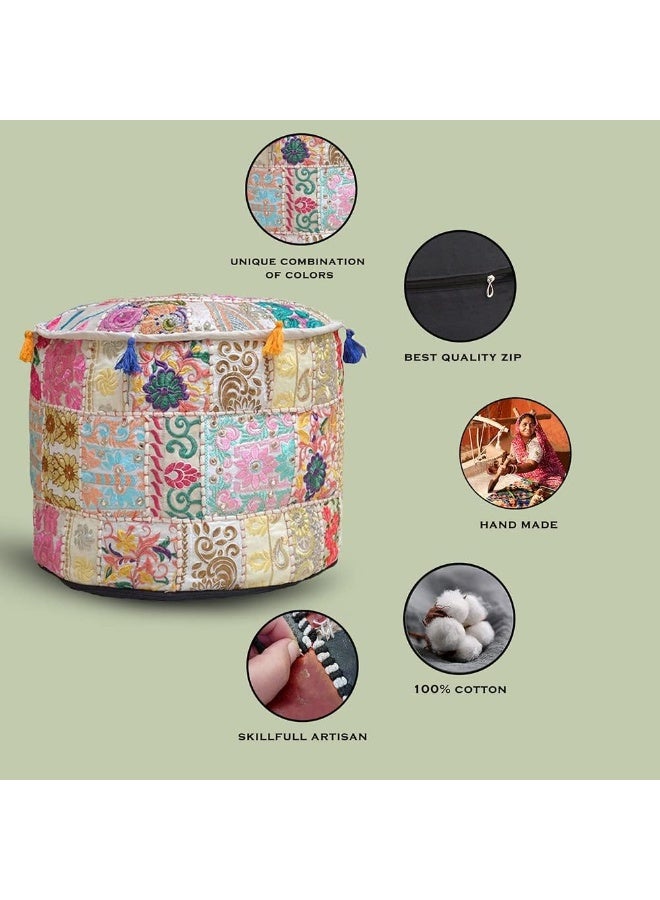 Aakriti Gallery Indian Pouf Footstool Ethnic Embroidered Pouf Cover, Indian Cotton Round Pouffe Ottoman Pouf Cover Pillow Ethnic Decor Art - Cover Only (Beige, 22X14) - Image 4