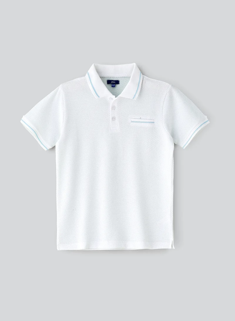 JAM Boys' White Textured Cotton Polo Shirt with Blue Tipping