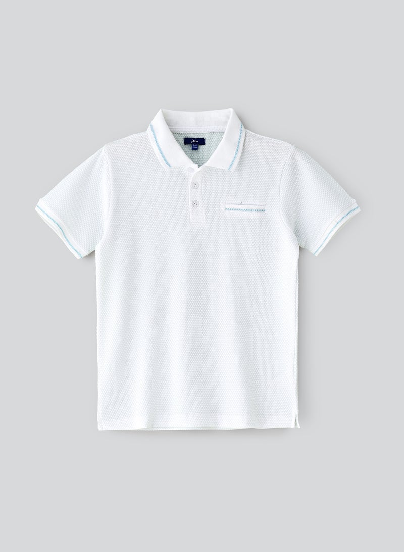 JAM Boys' White Textured Cotton Polo Shirt with Blue Tipping  - Image 1