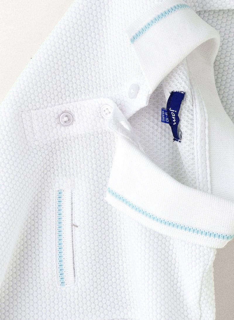 JAM Boys' White Textured Cotton Polo Shirt with Blue Tipping  - Image 4