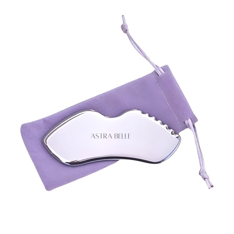 ASTRA BELLE Stainless Steel Gua Sha for Facial Skin Care Scraping Massage Tool with Comb Teeth Facial Massage Used for Face Neck and Around Lips with Travel Pouch or Case