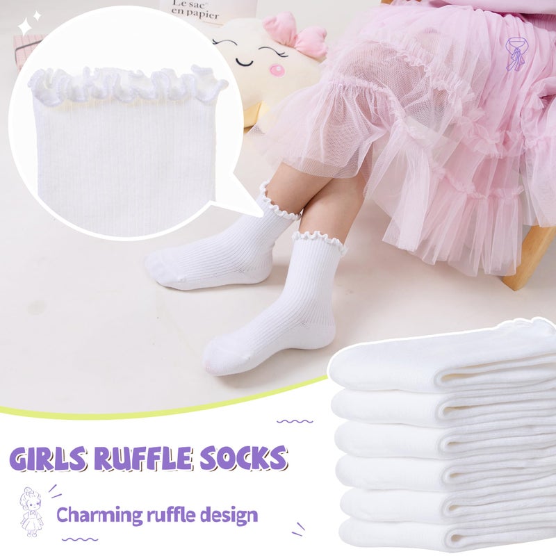 SeeyAN Girls Ruffle Socks Frilly Kids Crew Dress Cotton Soft Cute Toddler Socks 6 Pairs (6 Pairs White, 6-8 Years) - Image 3