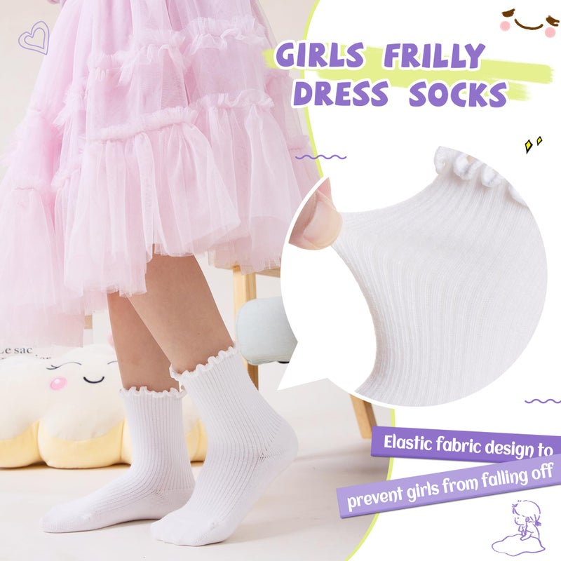 SeeyAN Girls Ruffle Socks Frilly Kids Crew Dress Cotton Soft Cute Toddler Socks 6 Pairs (6 Pairs White, 6-8 Years) - Image 2