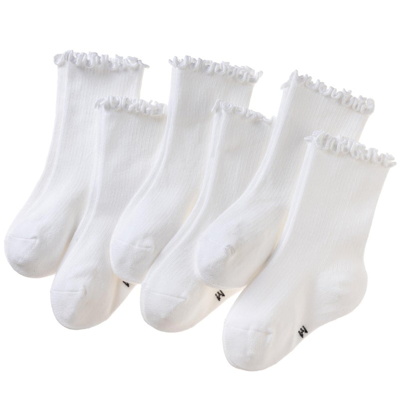 SeeyAN Girls Ruffle Socks Frilly Kids Crew Dress Cotton Soft Cute Toddler Socks 6 Pairs (6 Pairs White, 6-8 Years) - Image 1