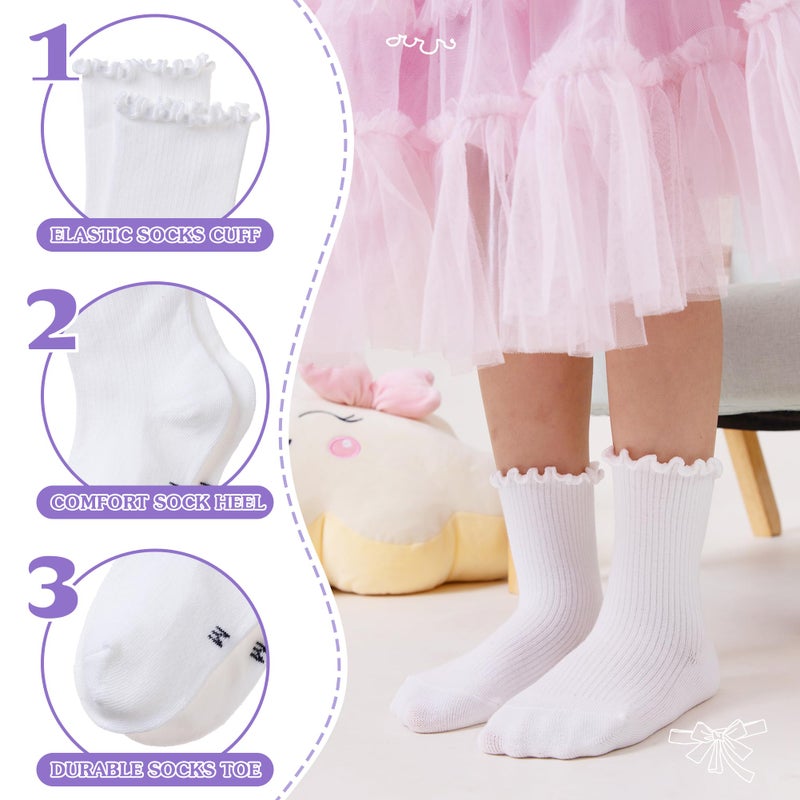 SeeyAN Girls Ruffle Socks Frilly Kids Crew Dress Cotton Soft Cute Toddler Socks 6 Pairs (6 Pairs White, 6-8 Years) - Image 5