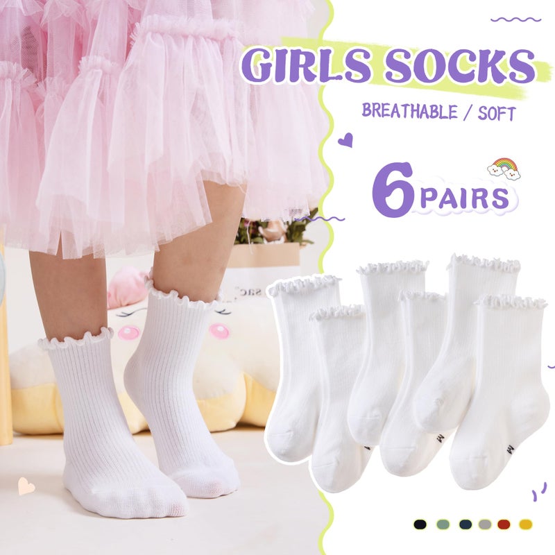 SeeyAN Girls Ruffle Socks Frilly Kids Crew Dress Cotton Soft Cute Toddler Socks 6 Pairs (6 Pairs White, 6-8 Years) - Image 4