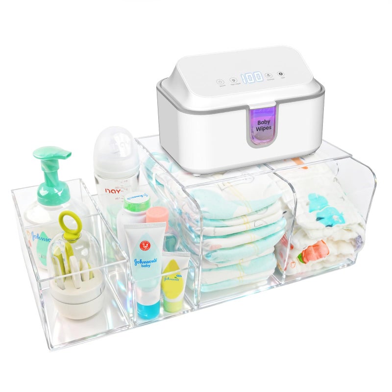 NANYEZH Diaper Caddy Acrylic Baby Changing Table Organizer Dresser Tabletop Organizer with 4 Detachable Compartments Storage for Wipe Dispenser Antislip Rubber Feet Newborn Baby Essentials Transparent - Image 2