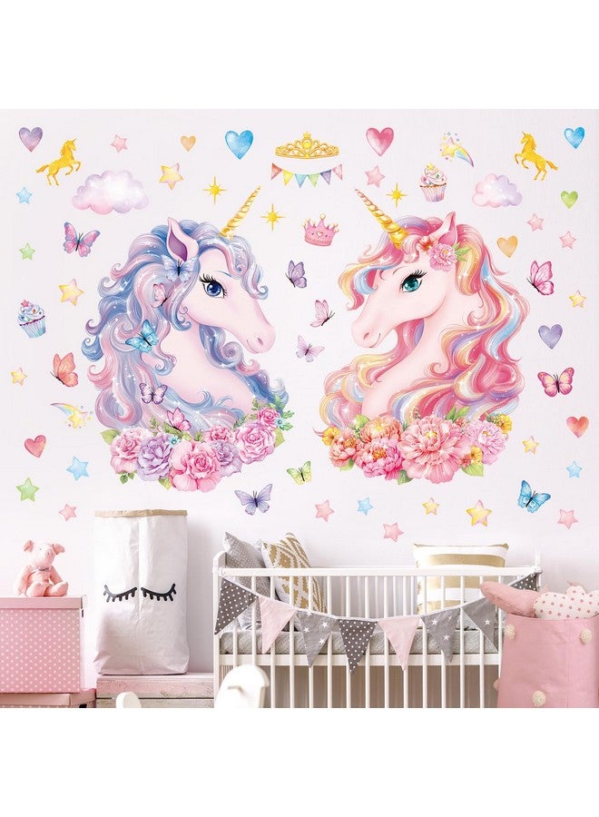 DECOWALL SG2-2412 Two Large Unicorns Wall Stickers Rainbow Kids Colorful Decals Removable for Girls Nursery Bedroom Living Room Art Home Decor Decoration Peel Stick Birthday Crown Star Heart - Image 1