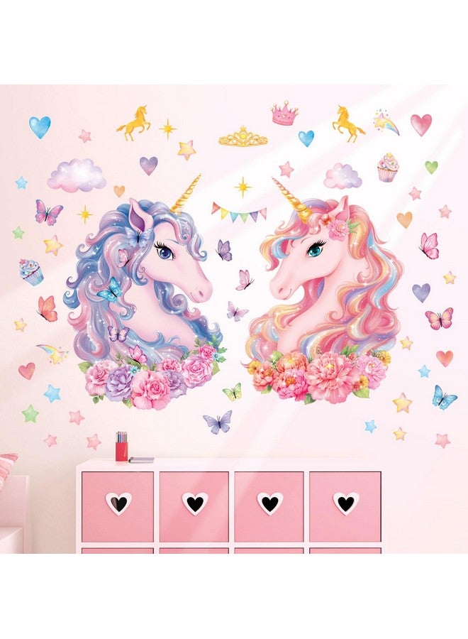 DECOWALL SG2-2412 Two Large Unicorns Wall Stickers Rainbow Kids Colorful Decals Removable for Girls Nursery Bedroom Living Room Art Home Decor Decoration Peel Stick Birthday Crown Star Heart - Image 3
