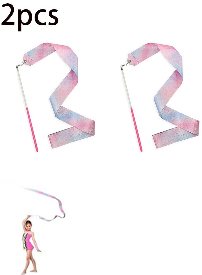 Ailily 2 pcs Sparkling Dance Ribbon Baton, Rhythmic Gymnastics Long Ribbons Twirling Rod, Gymnastics Party Gift for Kids (Pink) - Image 1