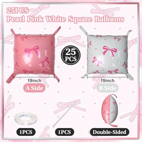 Froova Pink and White Bow Square Foil Balloon Wall 19 Inch 25Pcs Print Double Sided Baby Pink and Pearl White Balloon Backdrop Tunnel Arch Kit for Girls Women Birthdays Bridal Baby Shower Wedding - Image 5
