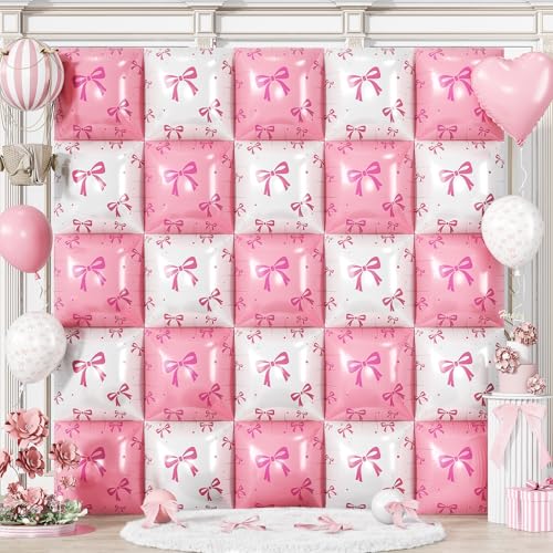 Froova Pink and White Bow Square Foil Balloon Wall 19 Inch 25Pcs Print Double Sided Baby Pink and Pearl White Balloon Backdrop Tunnel Arch Kit for Girls Women Birthdays Bridal Baby Shower Wedding - Image 1